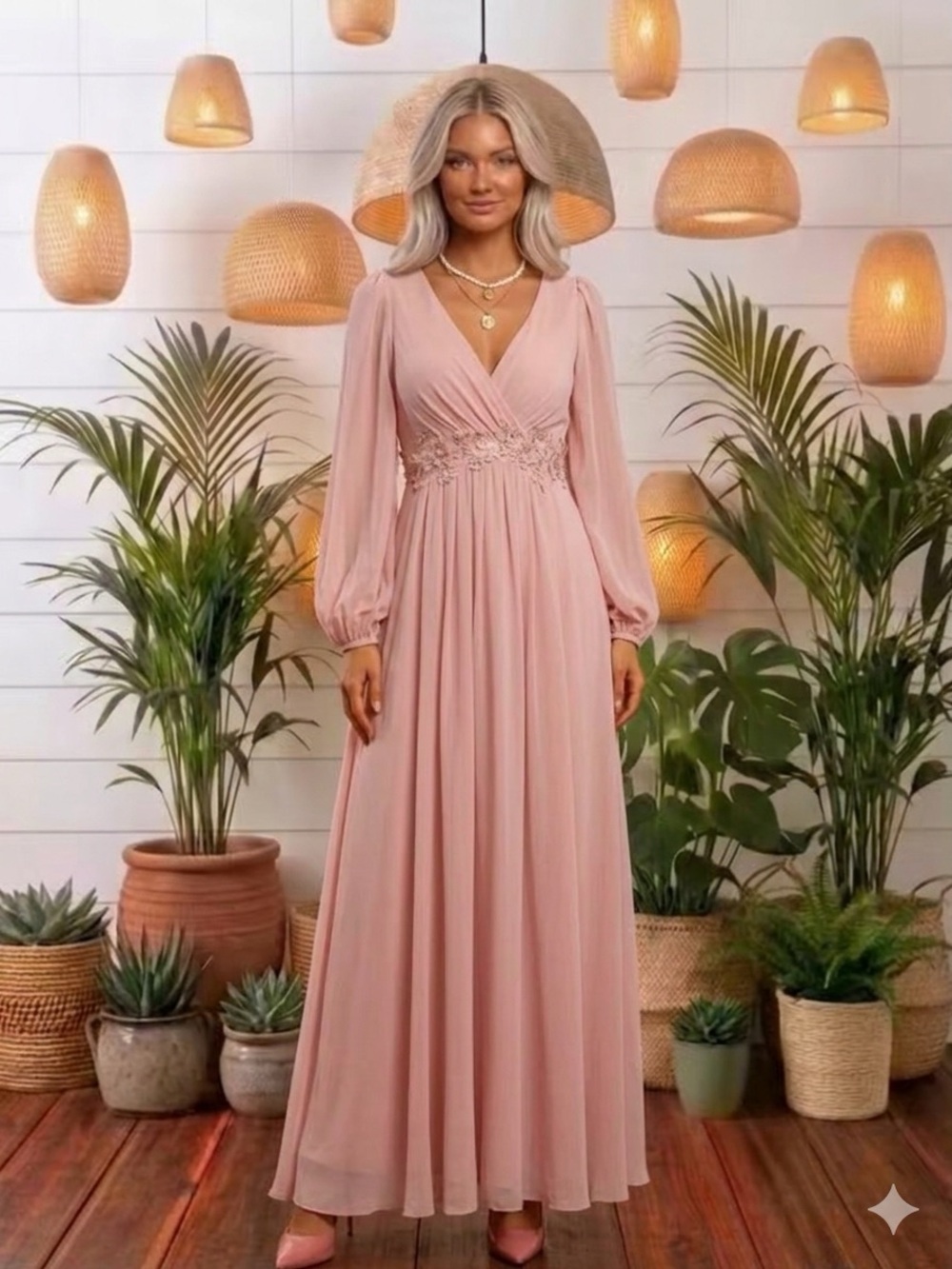 NWT Spliced Sleeve Appliqué Detail Pink Maxi Dress